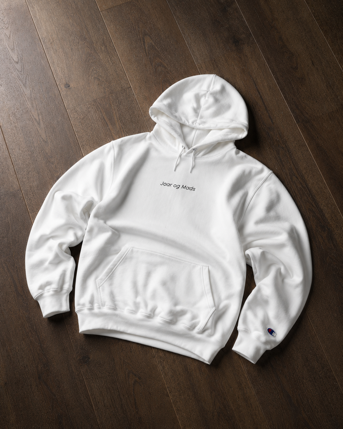 Joar og Mads, White Champion Hoodie "Basic and blessed"